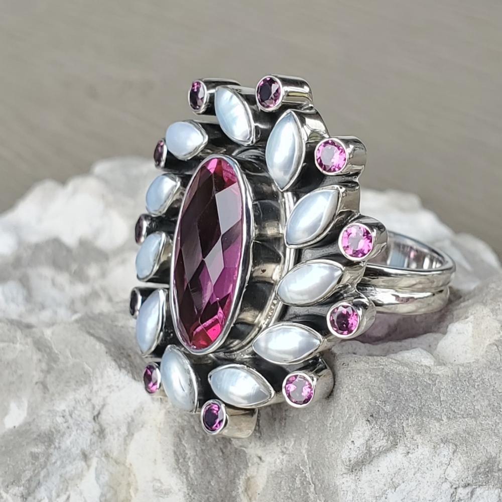 Nicky Butler RAJ LIMITED 925 Sterling Silver Pink Quartz Garnet Sz 6.25 Ring NB